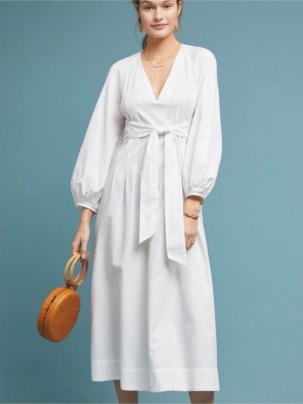 Mara Hoffman Maise Cotton Belted Deep V Puff Sleeves White Minimalist Dress, S - Picture 2 of 10